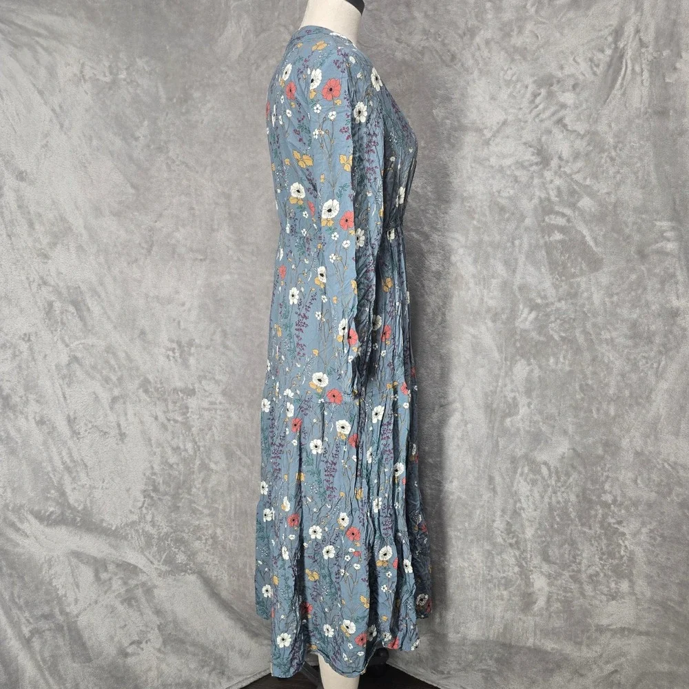 Emery Rose Blue Floral Tiered Maxi Dress Women L V-Neck Boho Cottagecore Peasant